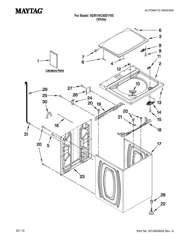 Top And Cabinet Parts Diagram and Parts List for 4GMVWC400YW0  Maytag Washer