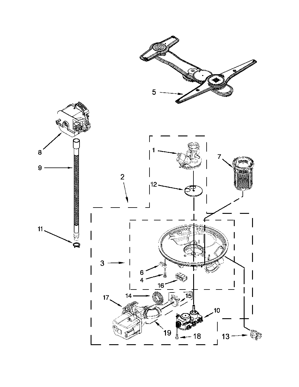 Pump, Washarm And Motor Parts Diagram and Parts List for 66514752N510  Kenmore Dishwasher