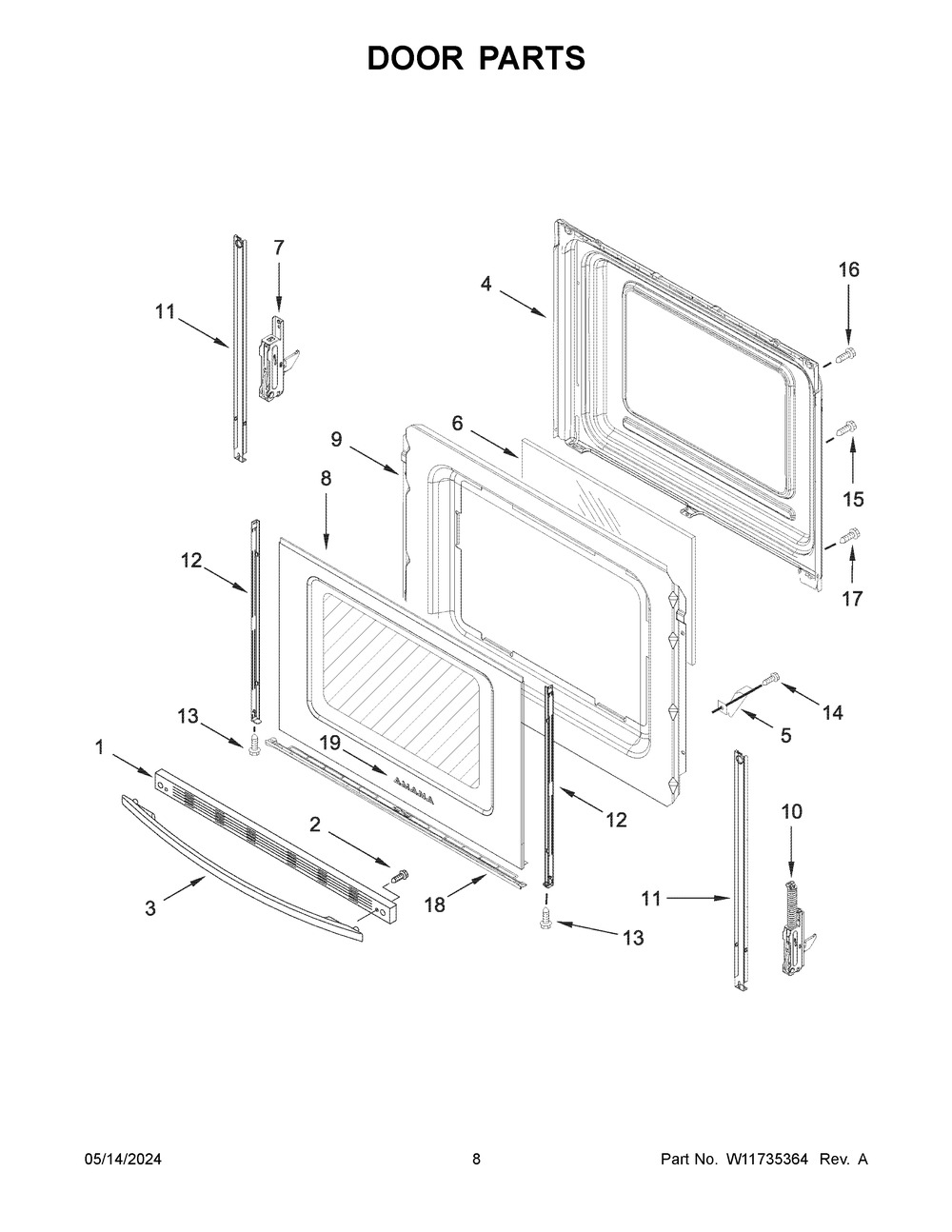 Door Parts Diagram and Parts List for YACR4303MFW9  Amana Range