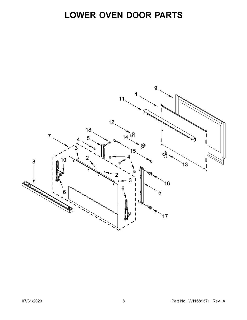 Lower Oven Door Parts Diagram and Parts List for JJW2827LM01  Jenn-Air Wall Oven