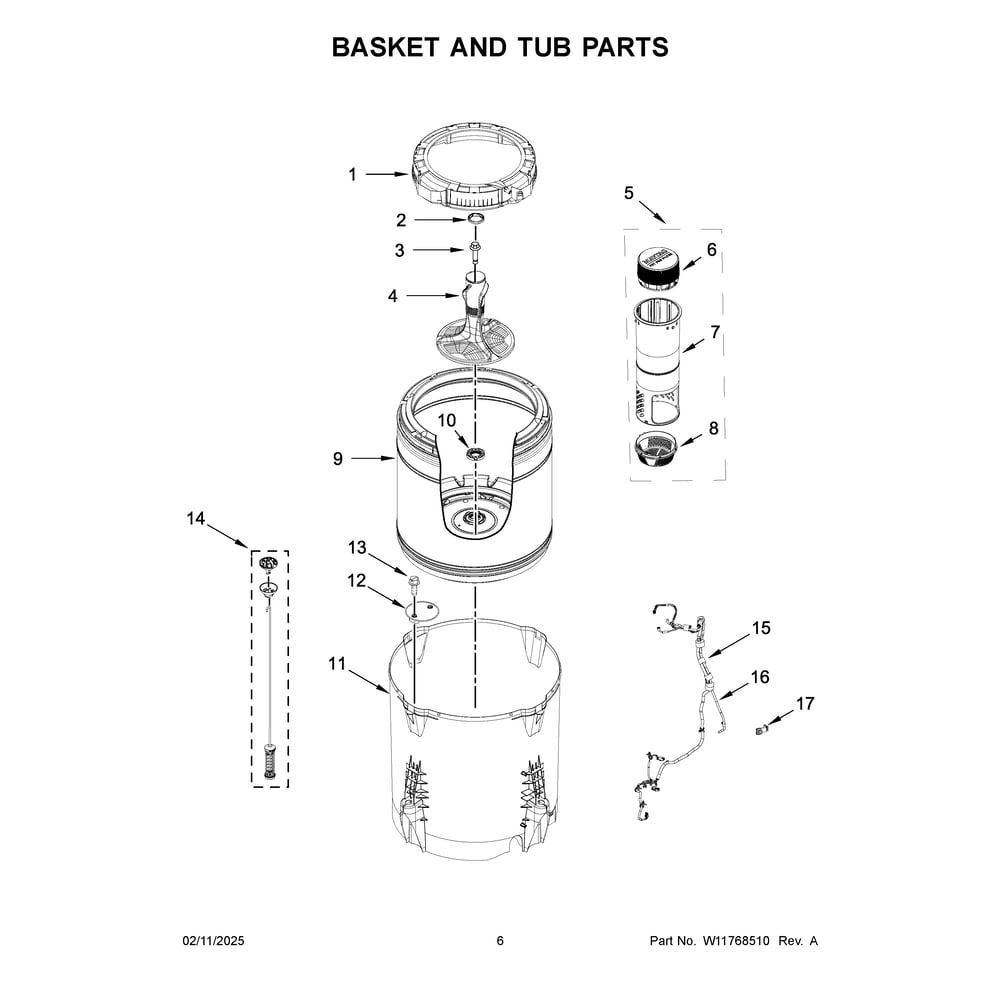 Basket And Tub Parts Diagram and Parts List for MVW6500MBK1  Maytag Washer