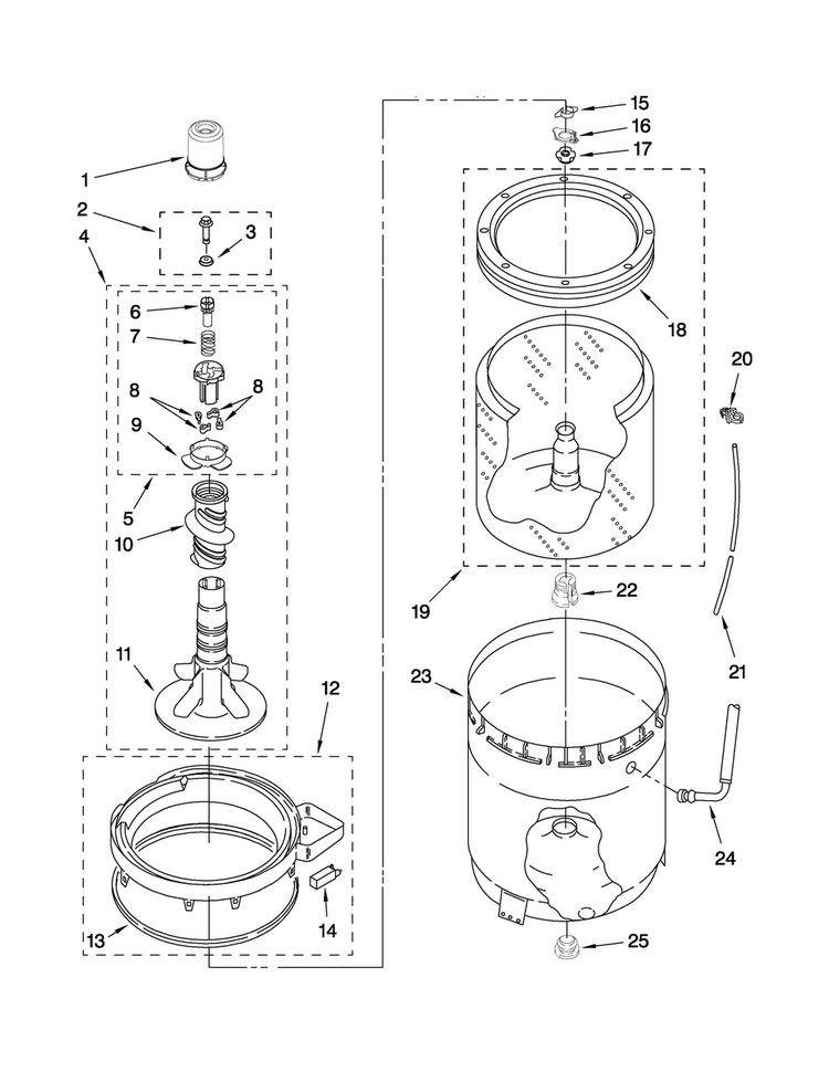 Agitator, Basket And Tub Parts Diagram and Parts List for 3UMTW5955TW1  Maytag Washer