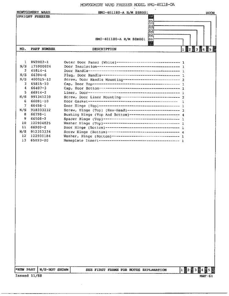 Freezer Door Page 2 Diagram and Parts List for 40118-OA  Admiral Freezer
