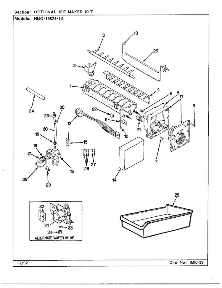 Optional Ice Maker Kit Diagram and Parts List for 19824-1A  Admiral Refrigerator