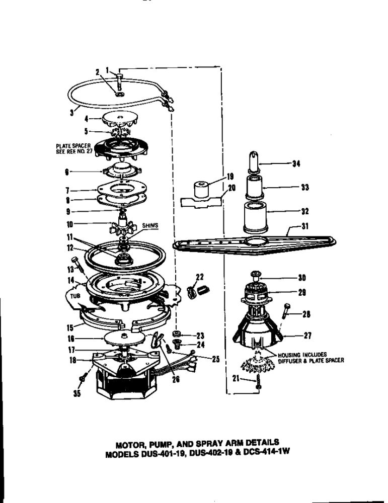 Motor, Pump, And Spray Arm Details 1 Diagram and Parts List for DUS-414-19  Maytag Dishwasher