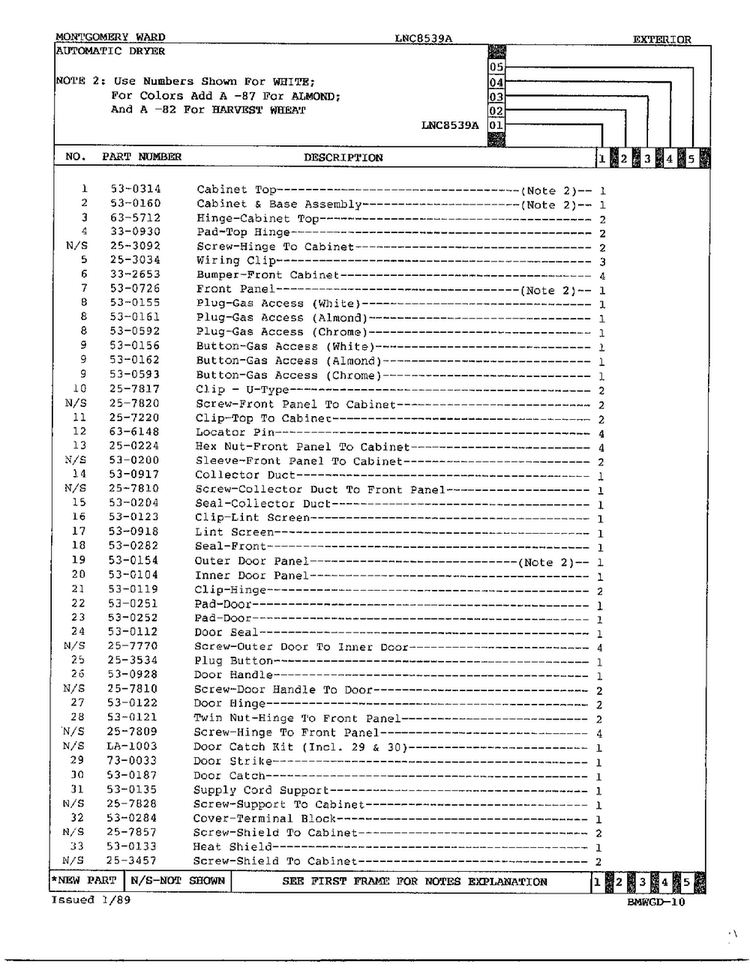 Automatic Dryer-exterior Page 2 Diagram and Parts List for 8539A  Norge Dryer