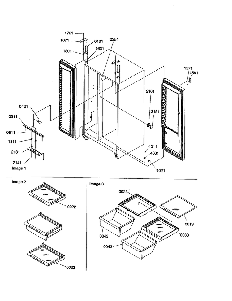 Lights, Hinges, Shelving Diagram and Parts List for SX23VE-P1315401WE  Amana Refrigerator