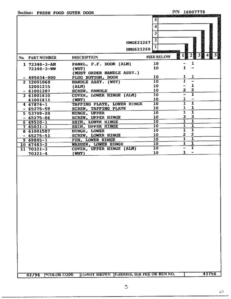 Fresh Food Outer Door Page 2 Diagram and Parts List for 621260  Admiral Refrigerator
