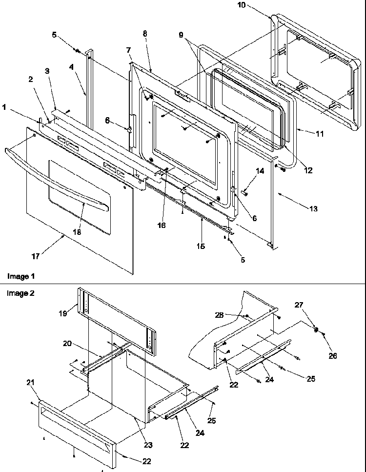 Oven Door And Storage Drawer Diagram and Parts List for ART6610E-P1143461NE  Amana Range