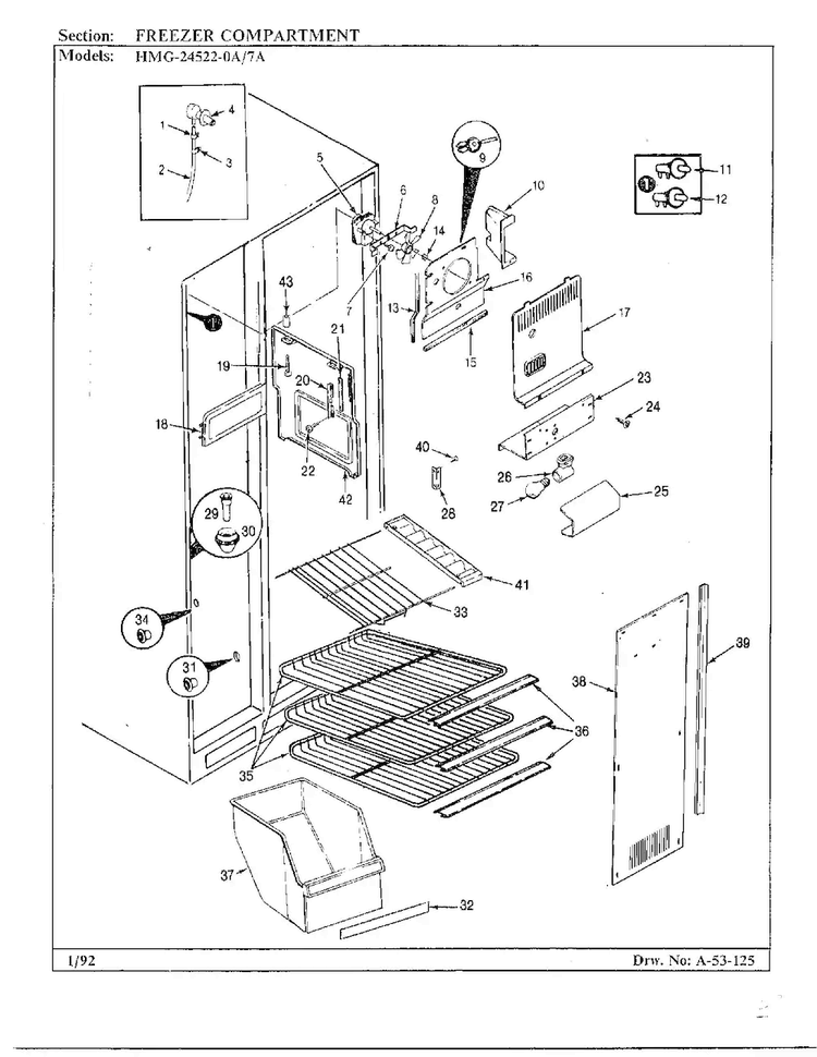 Freezer Compartment Diagram and Parts List for 24522-7A  Admiral Refrigerator