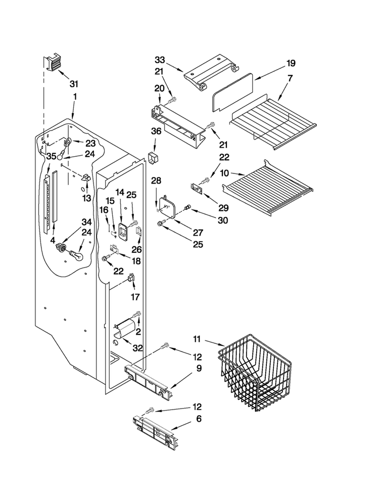 Freezer Liner Parts Diagram and Parts List for MSD2559XEB01  Maytag Refrigerator