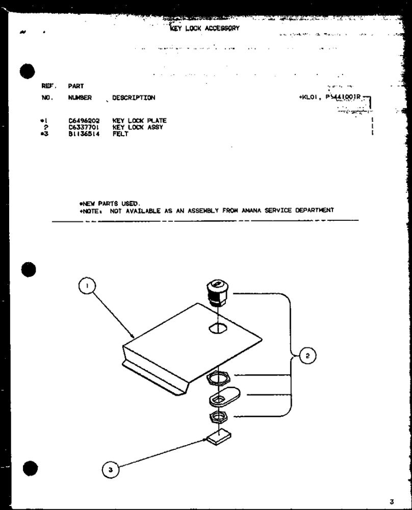 Key Lock Accessory Diagram and Parts List for CBK320B1 P6476302R Amana Air Conditioner
