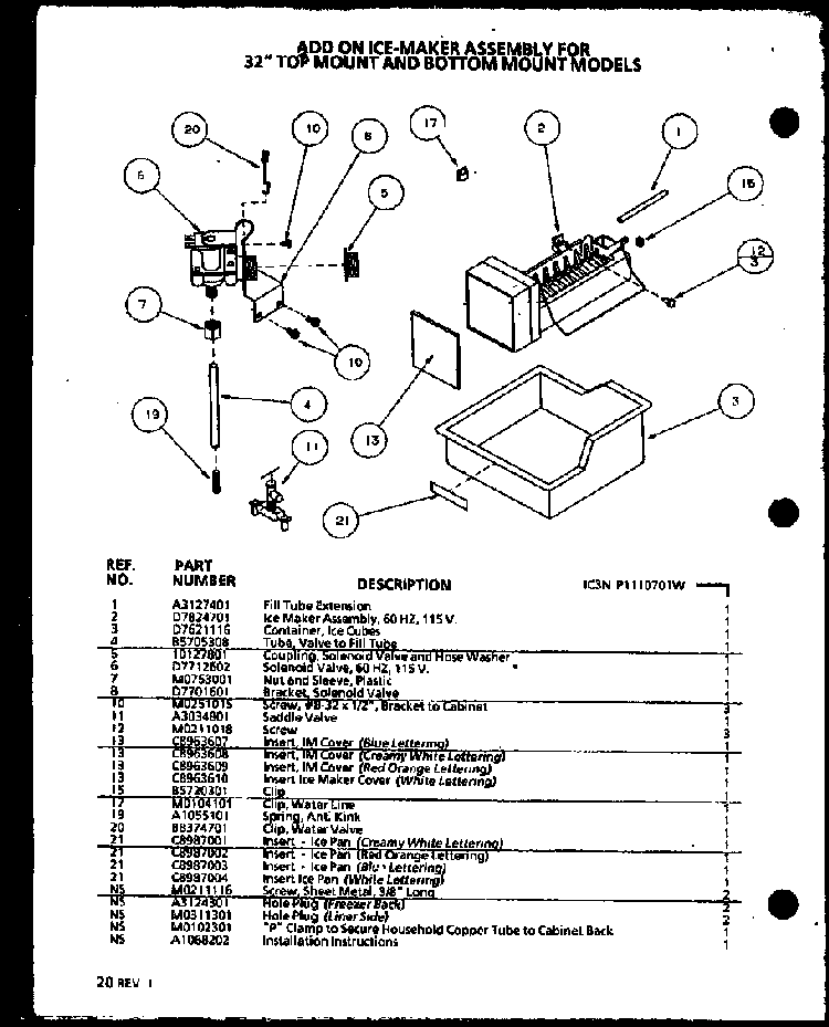 Add-on Ice Maker Assembly Diagram and Parts List for BL20QW-P1125503WW  Amana Refrigerator