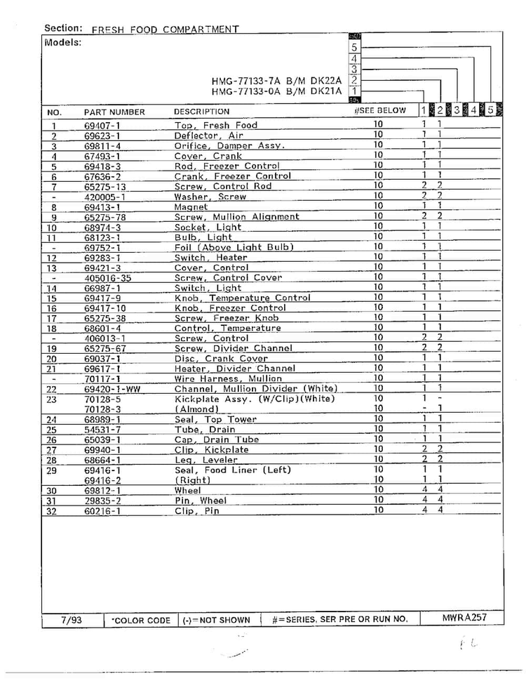 Fresh Food Compartment Page 2 Diagram and Parts List for 77133-0A  Admiral Refrigerator