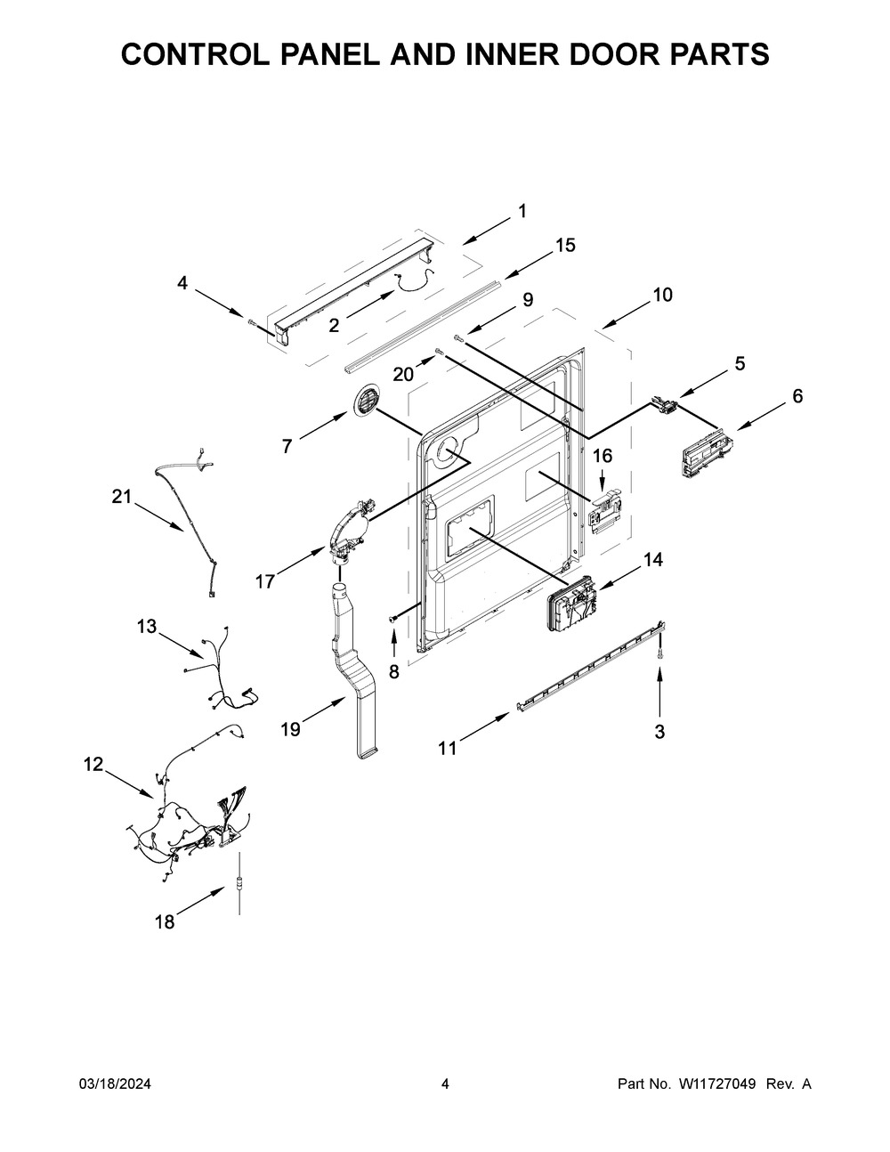 Control Panel And Inner Door Parts Diagram and Parts List for JDPSG244PS1  Jenn-Air Dishwasher