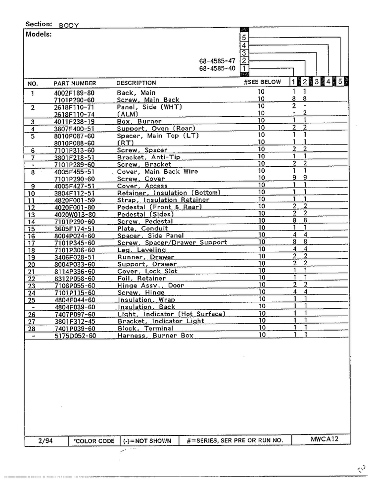 Body Page 2 Diagram and Parts List for 68-4585-40  Magic Chef Range