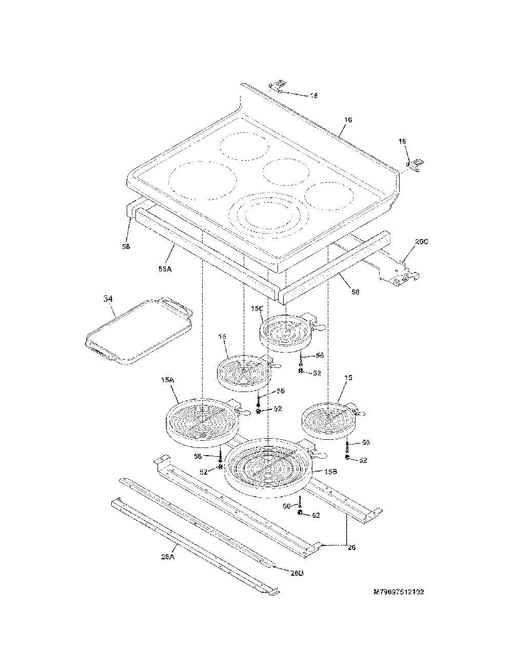 Main Top Diagram and Parts List for 79097519102  Kenmore Range