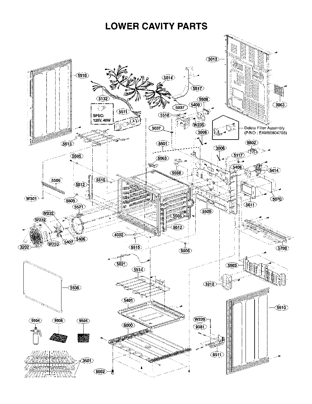 Lower Cavity Parts Diagram and Parts List for 72196043610  Kenmore Range