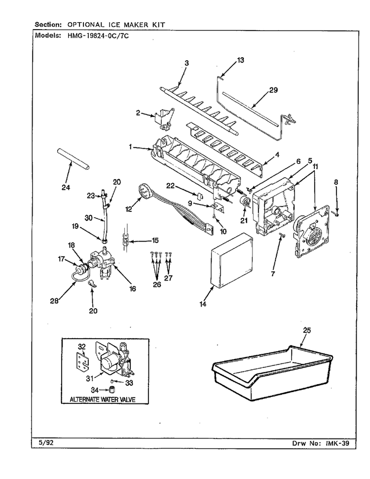 Optional Ice Maker Kit Diagram and Parts List for 19824-0C  Admiral Refrigerator