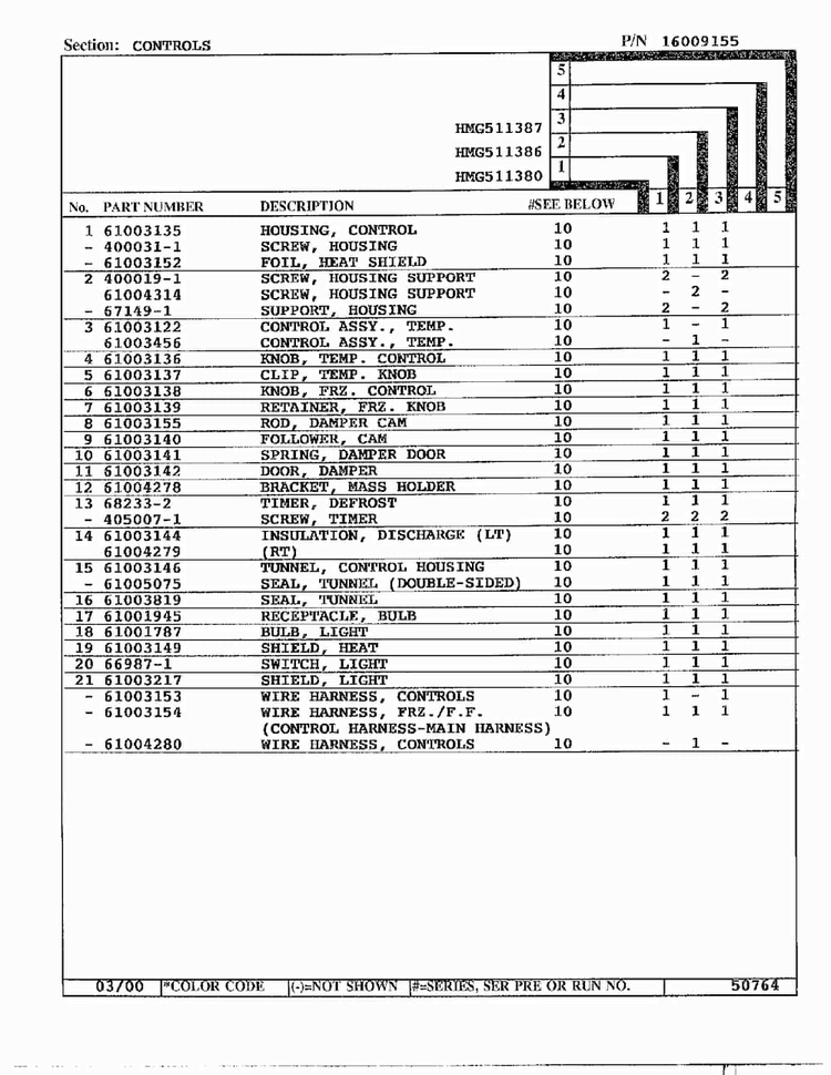 Controls Page 2 Diagram and Parts List for HMG511387  Admiral Refrigerator