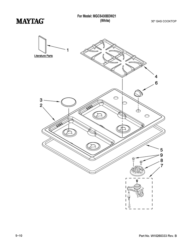 Cooktop, Burner And Grate Parts Diagram and Parts List for MGC5430BDW21  Maytag Cooktop