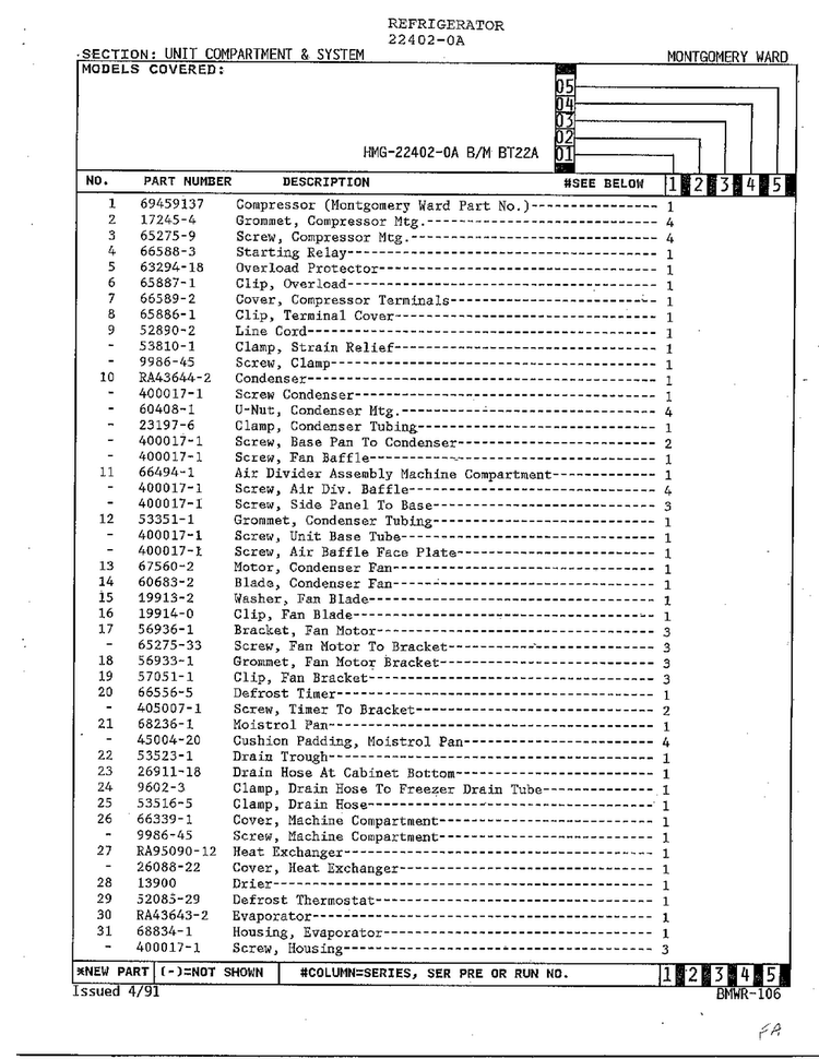Unit Compartment And System Page 2 Diagram and Parts List for 22402-0A  Admiral Refrigerator