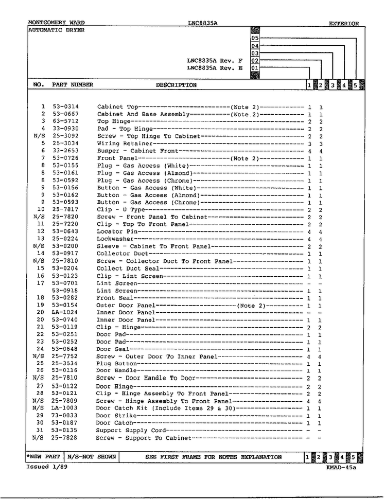 Gas Dryer Exterior Assembly Page 4 Diagram and Parts List for 8835A  Norge Dryer