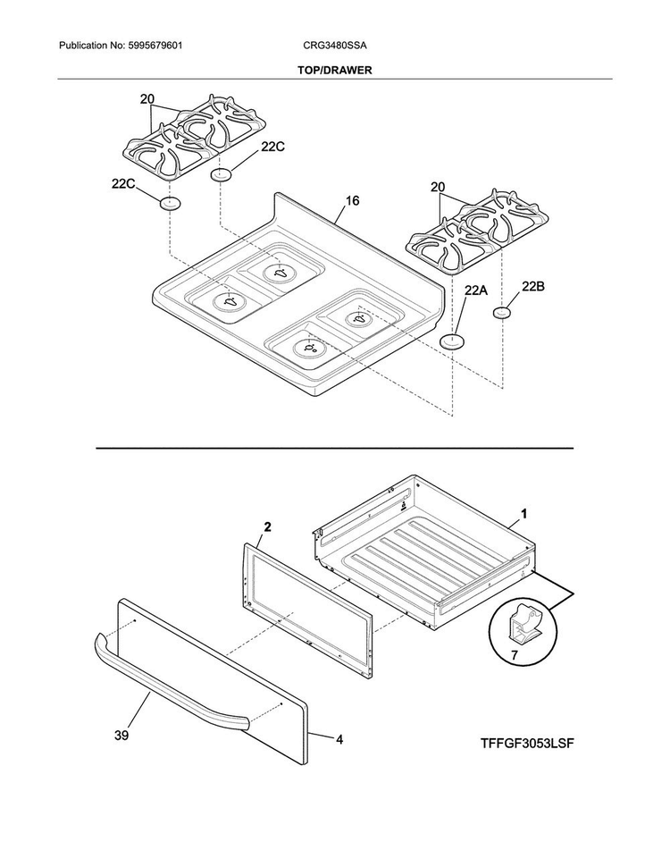 Top/drawer Diagram and Parts List for CRG3480SSA  Crosley Range