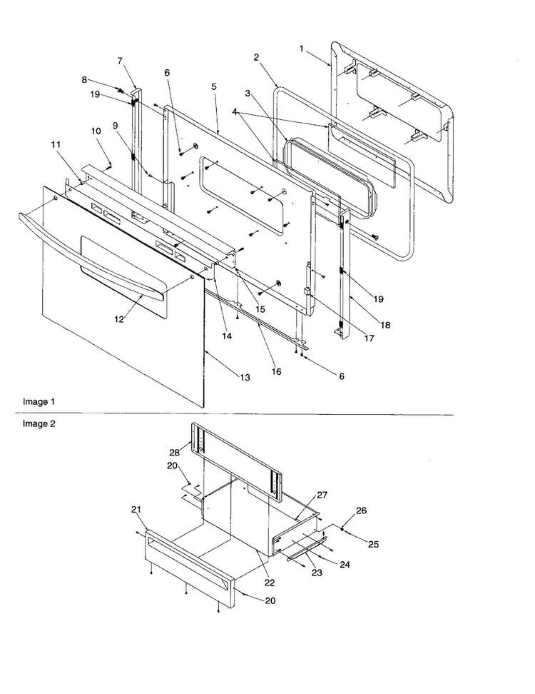 Oven Door/storage Drawer Diagram and Parts List for ARG7102L-P1143389NL  Amana Range