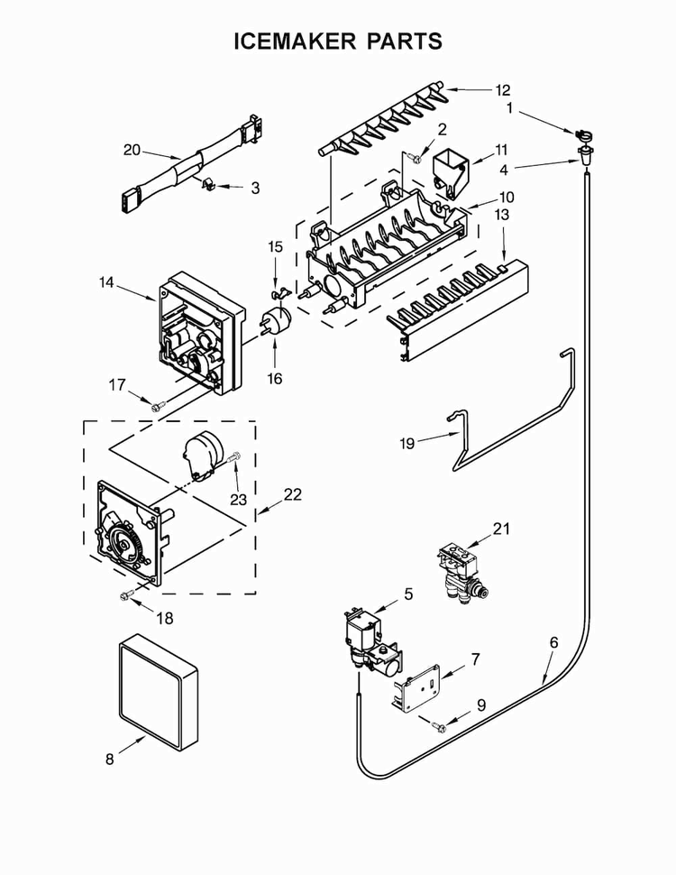 Icemaker Parts Diagram and Parts List for MFW2055YEB01  Maytag Refrigerator