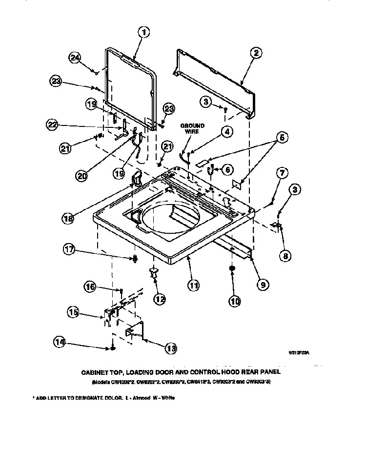 Cabinet Top, Loading Door And Control Hood Rear Panel Diagram and Parts List for CW8202W2-PCW8202W2A  Crosley Washer