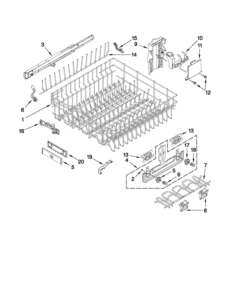 Upper Rack And Track Parts Diagram and Parts List for JDB3600AWP4  Jenn-Air Dishwasher