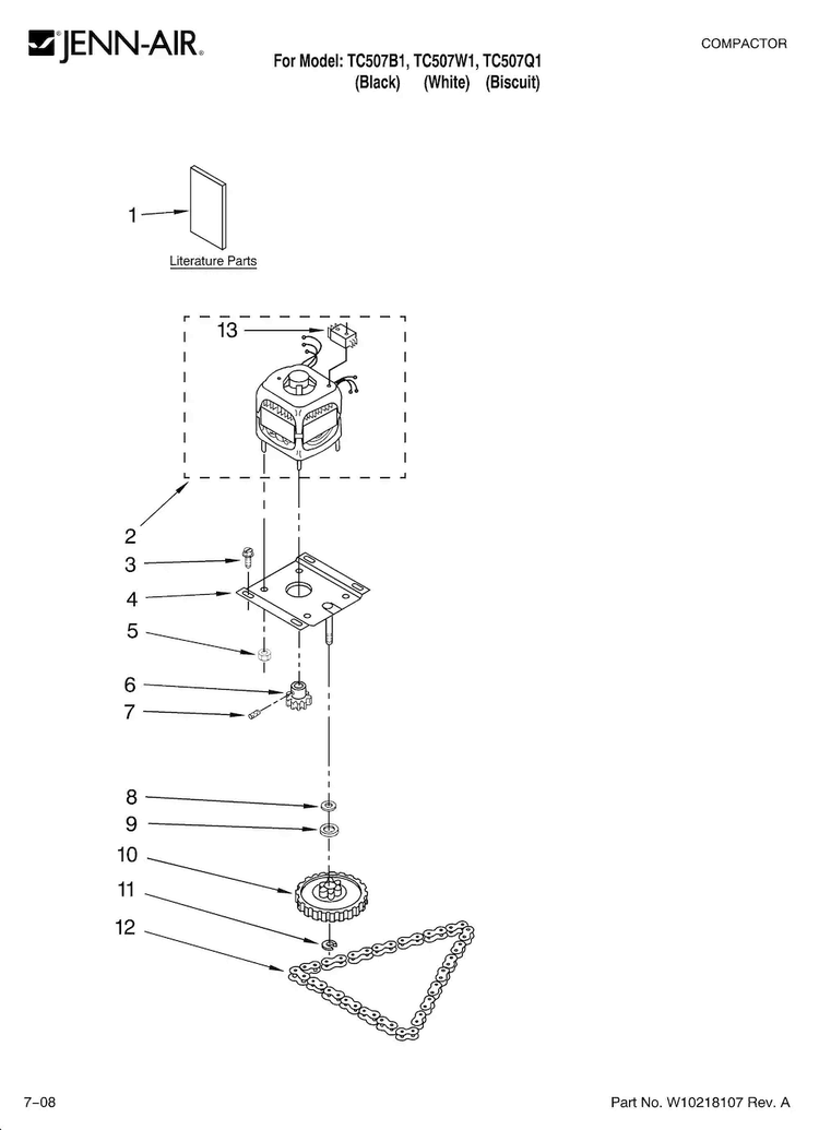 Motor And Drive Parts Diagram and Parts List for TC507B1  Jenn-Air Trash Compactor