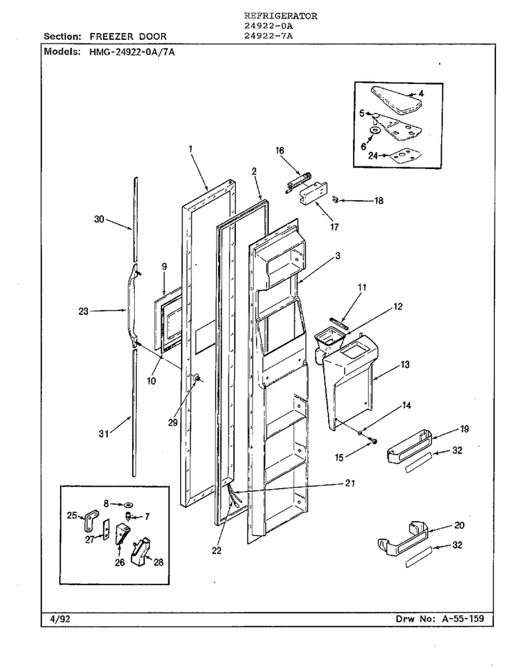 Freezer Door Diagram and Parts List for 24922-7A  Admiral Refrigerator