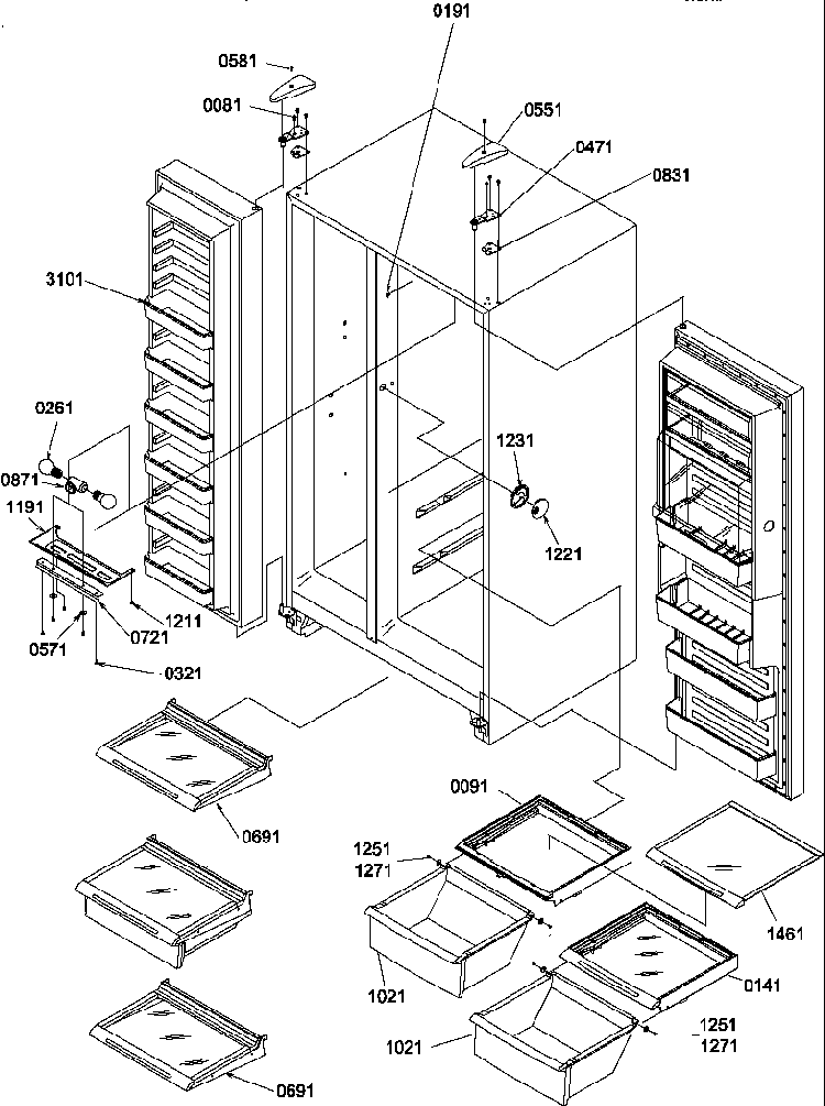 Refrig/freezer Shelves, Lights, Lights, & Hinges Diagram and Parts List for SS25TE-P1194003WE  Amana Refrigerator