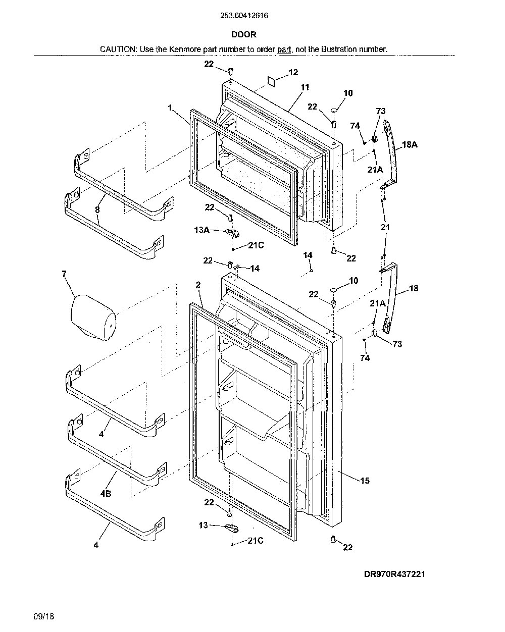Door Diagram and Parts List for 25360412616  Kenmore Refrigerator