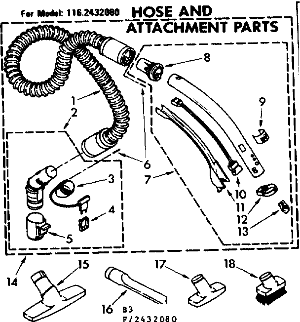Hose And Attachment Parts Diagram and Parts List for 1162432080  Kenmore Canister Vacuum