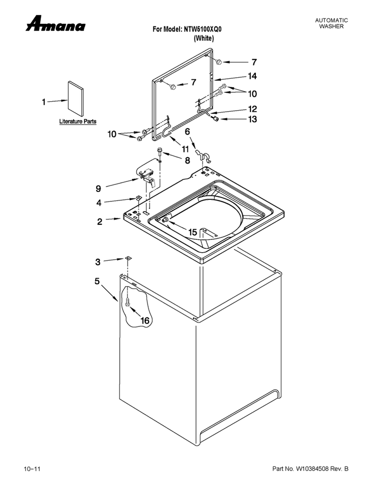 Top And Cabinet Parts Diagram and Parts List for NTW5100XQ0  Amana Washer