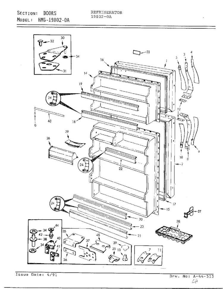Doors Diagram and Parts List for 19802-0A  Admiral Refrigerator