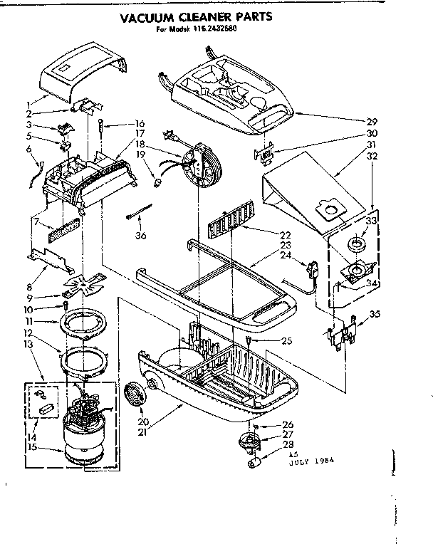 Base Assembly Diagram and Parts List for 1162432580  Kenmore Canister Vacuum