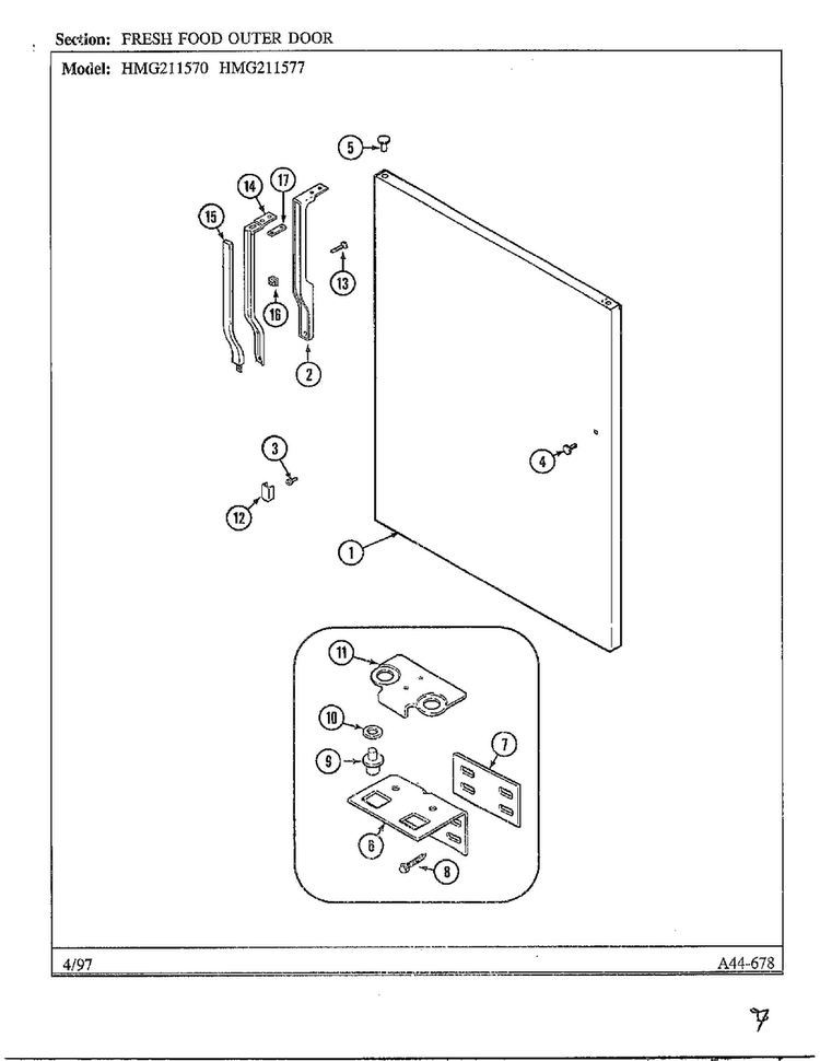 Outer Door Diagram and Parts List for HMG211577  Admiral Refrigerator