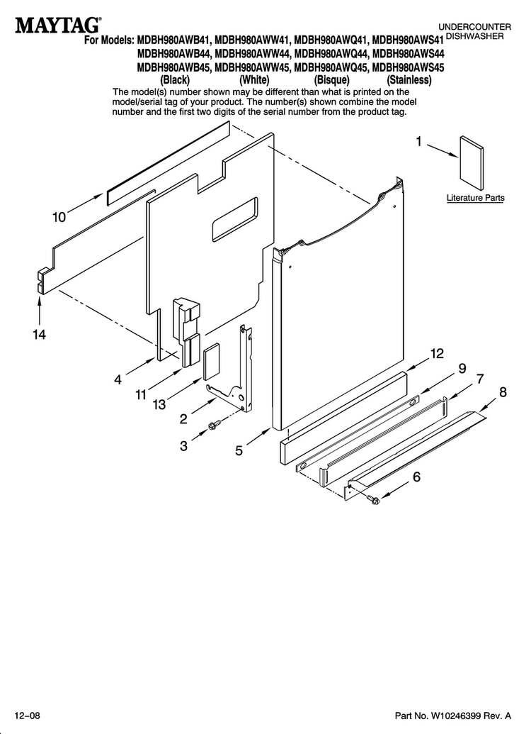 Door And Panel Parts Diagram and Parts List for MDBH980AWQ45  Maytag Dishwasher