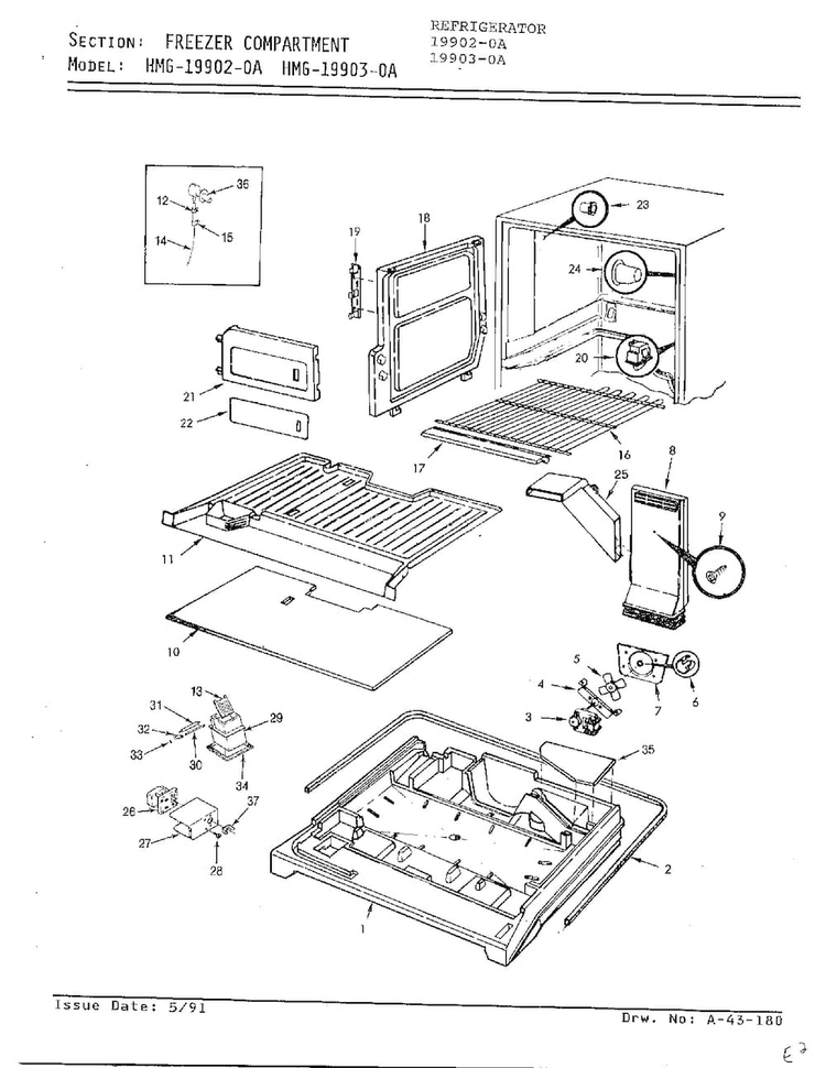 Freezer Compartment Diagram and Parts List for 19903-0A  Admiral Refrigerator
