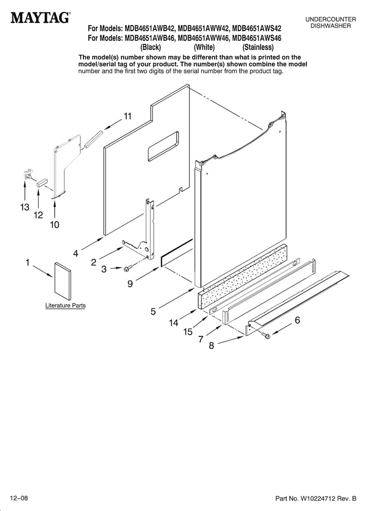 Door And Panel Parts Diagram and Parts List for MDB4651AWB42  Maytag Dishwasher