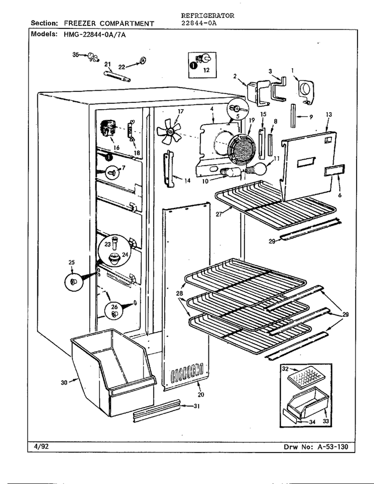Freezer Compartment Diagram and Parts List for 22844-0A  Admiral Refrigerator