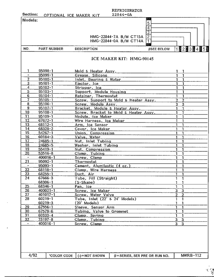 Optional Ice Maker Kit Page 2 Diagram and Parts List for 22844-0A  Admiral Refrigerator