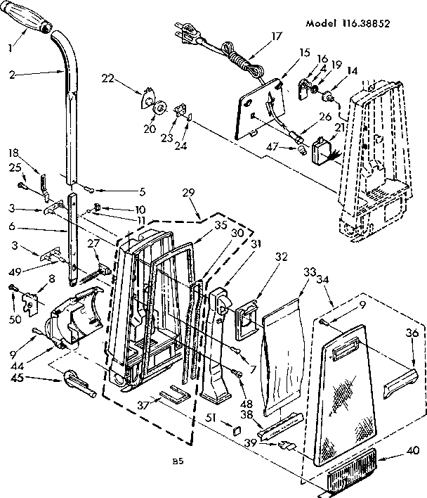 Handle And Bag Housing Diagram and Parts List for 11638852  Kenmore Upright Vacuum