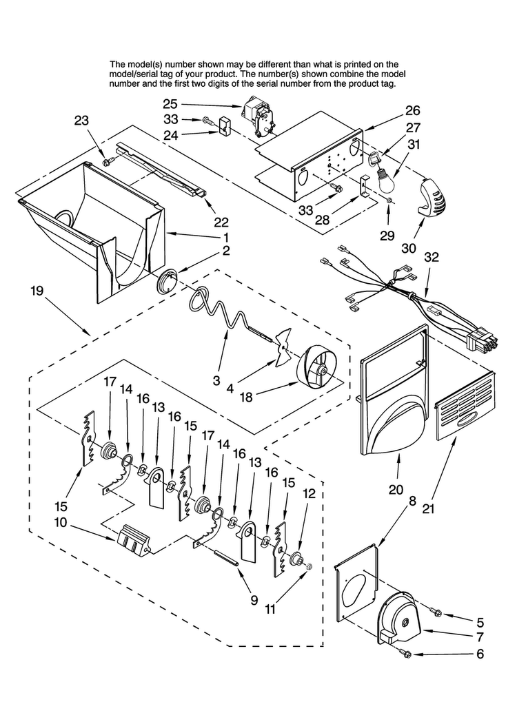 Motor And Ice Container Parts Diagram and Parts List for AC2224GEKW12  Amana Refrigerator