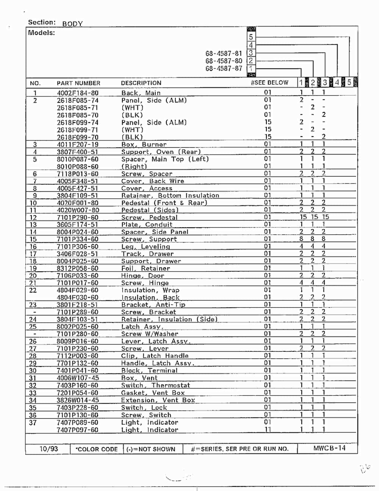 Body Page 2 Diagram and Parts List for 68-4587-87  Magic Chef Range