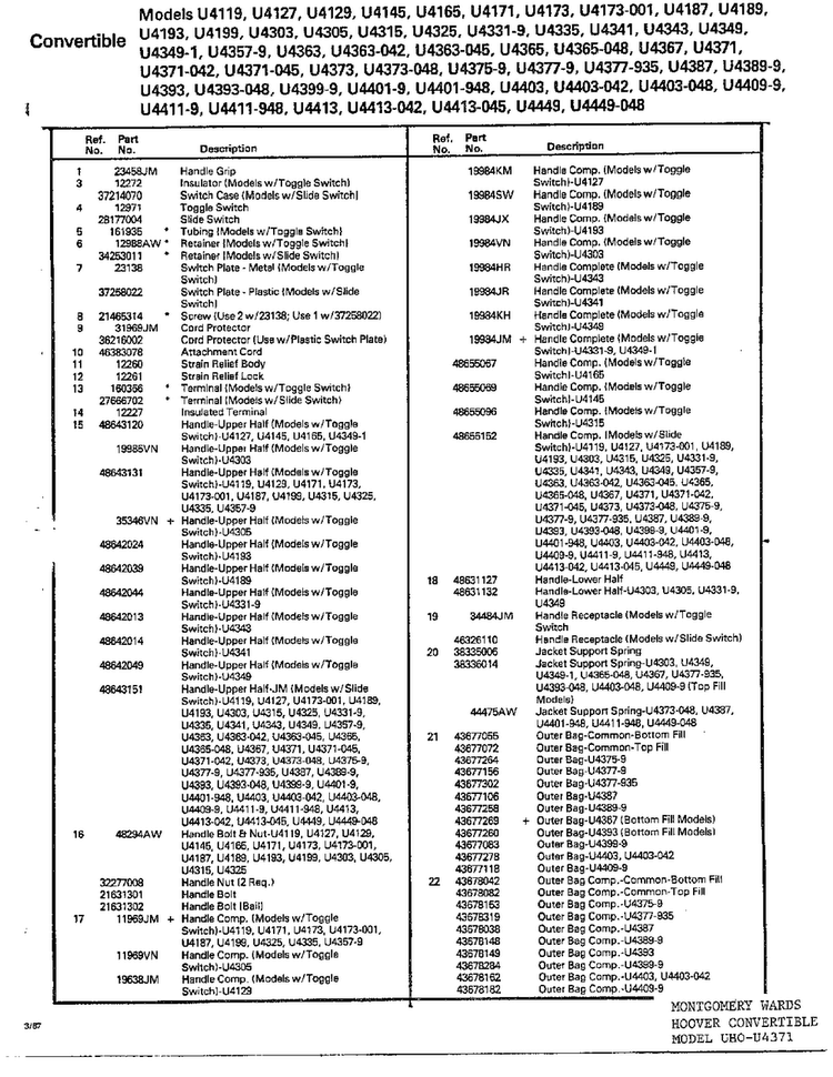 Hoover Convertible Vacuum Assembly Page 2 Diagram and Parts List for U4371  Hoover Upright Vacuum